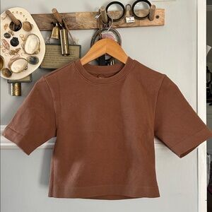 Everlane Brown Ribbed Short-Sleeve Crop Top